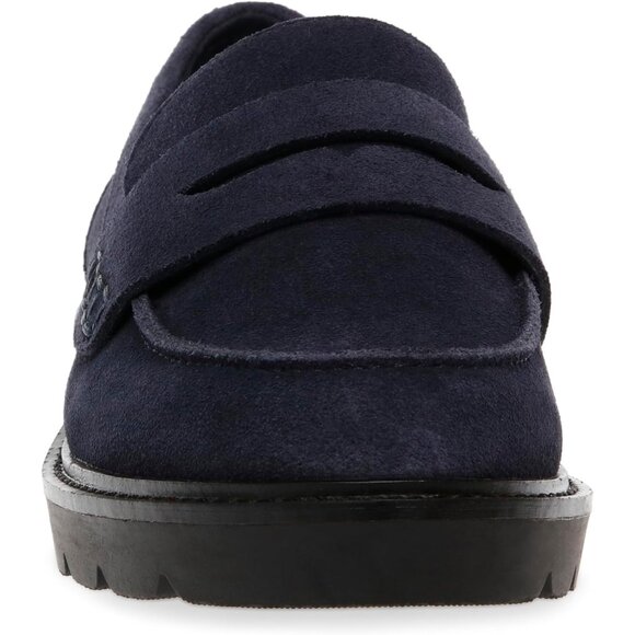 Anne Klein Womens Navy Rubber Low Chunky Heel Rounded Toe Emmylou Loafer Flat - Picture 2 of 9